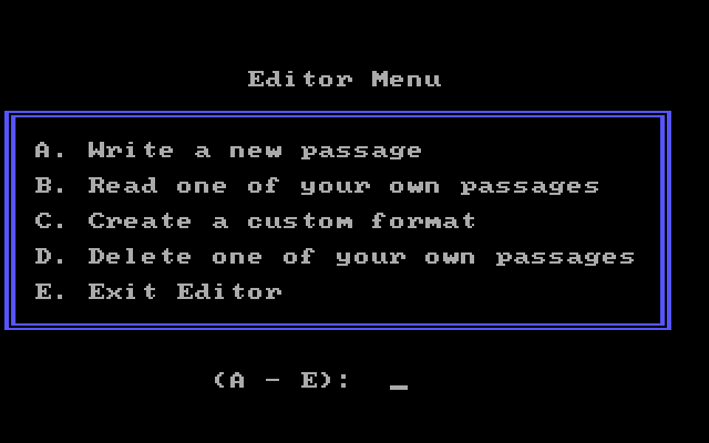 Missing Letters IBM PC/Compatibles Screenshot: Puzzle editor menu.
