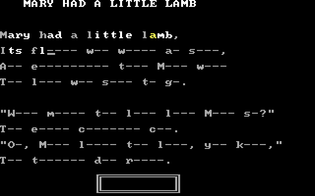 Missing Letters IBM PC/Compatibles Screenshot: Filling in the puzzle, a few more blank spaces this time...