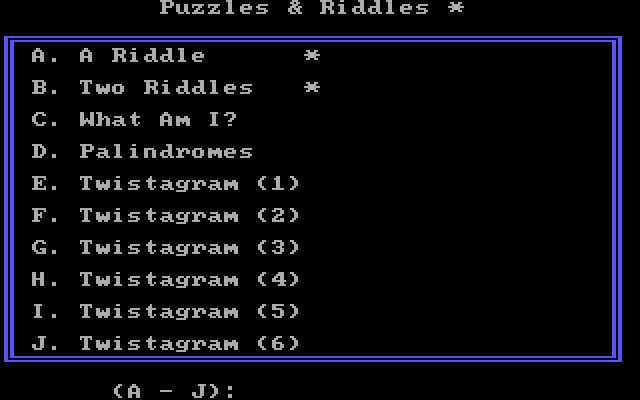 Missing Letters IBM PC/Compatibles Screenshot: Some riddles and puzzles...
