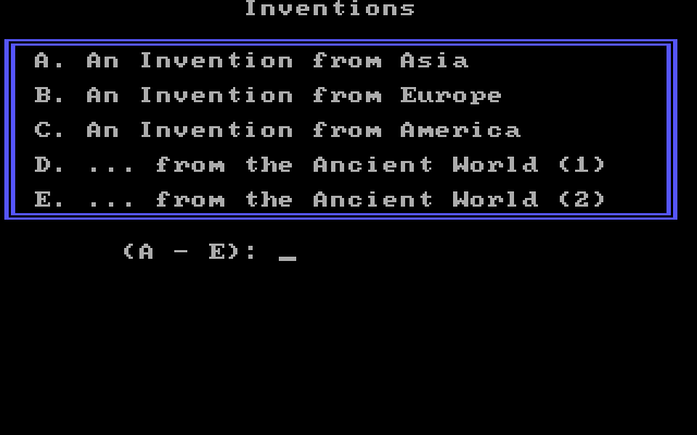 Missing Letters IBM PC/Compatibles Screenshot: Here's the inventions puzzle menu.