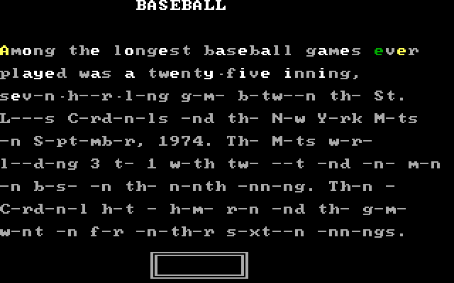 Missing Letters IBM PC/Compatibles Screenshot: Filling in the missing letters...grey are letters given, other colors are letters I guessed.