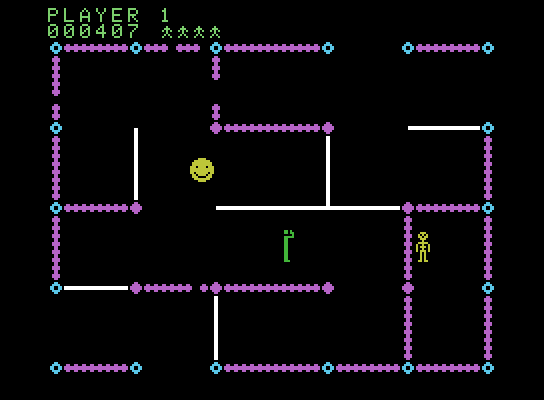 Frenzy ColecoVision Screenshot: Only one robot left, almost time to get out of here!