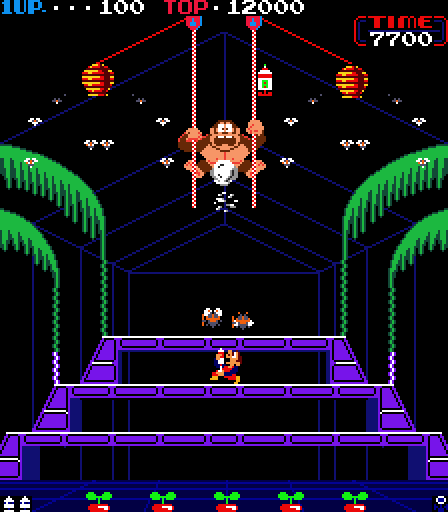 Donkey Kong 3 Arcade Screenshot: Spray Donkey Kong up to the top...