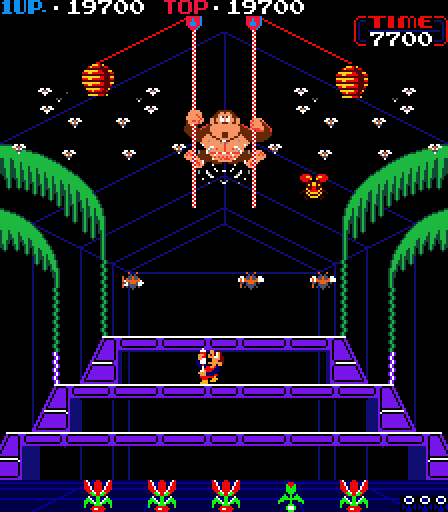 Donkey Kong 3 Arcade Screenshot: Here comes a swarm of deadly insects!