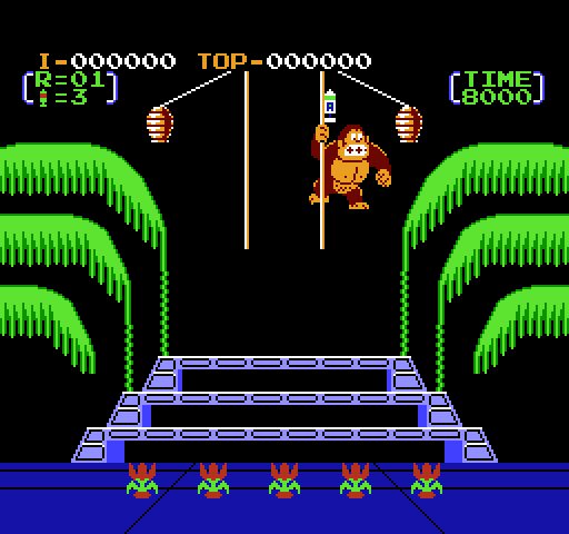 Donkey Kong 3 NES / Famicom Screenshot: Each round begins with Donkey Kong agitating the hornets nest...