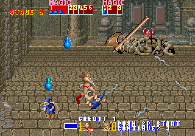 Golden Axe Arcade Screenshot: Pick up potions for more magic power.