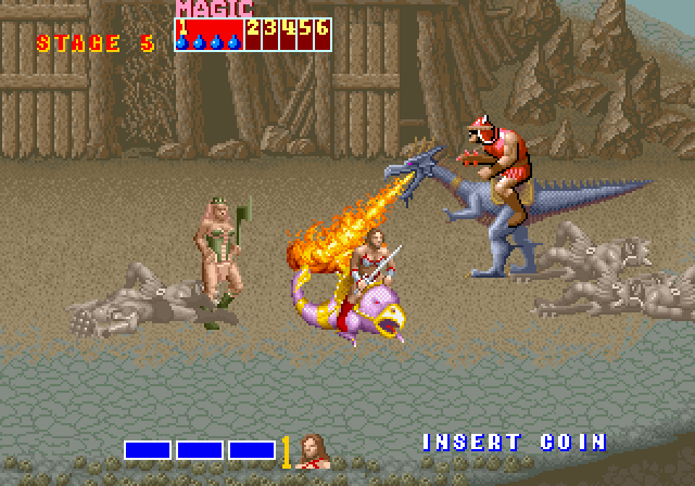 Golden Axe Arcade Screenshot: Rapidly running from fire!