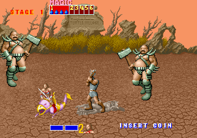 Golden Axe Arcade Screenshot: Fighting multiple large enemies at once!