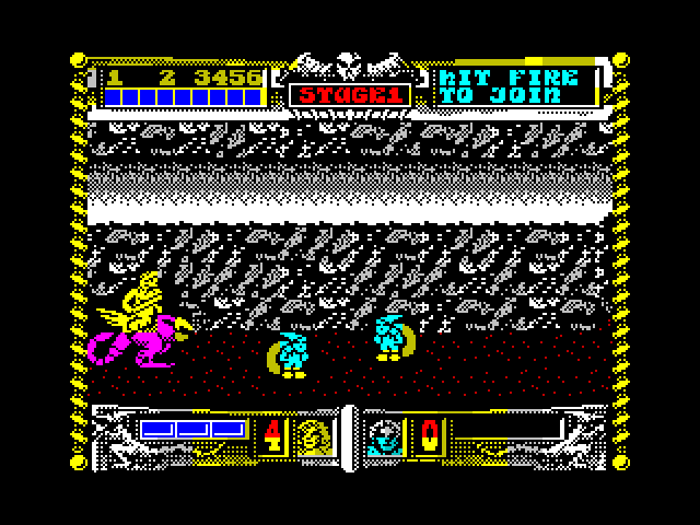 Golden Axe ZX Spectrum Screenshot: Now I have a dragon and an opportunity to pick up some potions.
