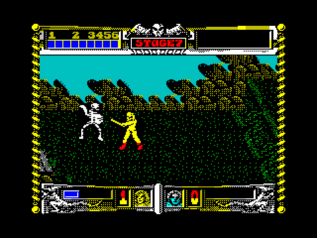 Golden Axe ZX Spectrum Screenshot: Attacking a skeleton.