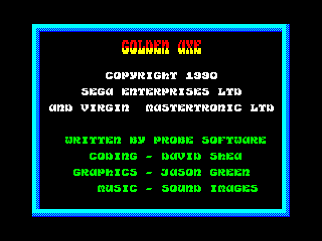 Golden Axe ZX Spectrum Screenshot: Credits screen.