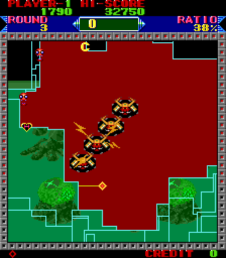 Super Qix Arcade Screenshot: The Super QIX keeps getting faster as the game progresses.
