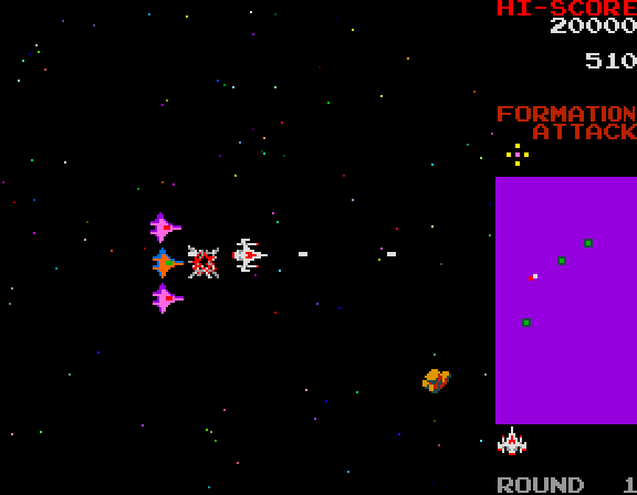 Bosconian Arcade Screenshot: Blasting some enemies that are in pursuit...