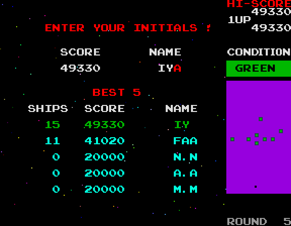 Bosconian Arcade Screenshot: Enter your initials in the high score table...