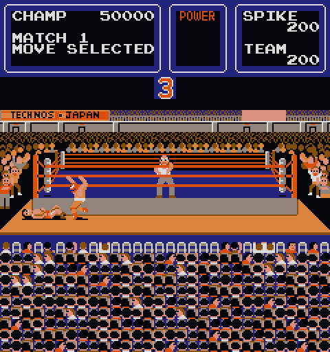 Tag Team Wrestling Arcade Screenshot: Knocked out of the ring...