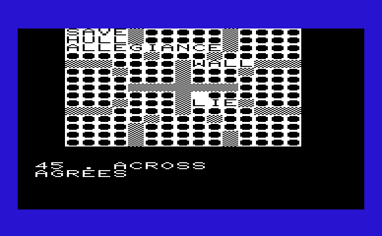 Triple Play Commodore VIC-20 Screenshot: Crosswords: More blanks filled in...