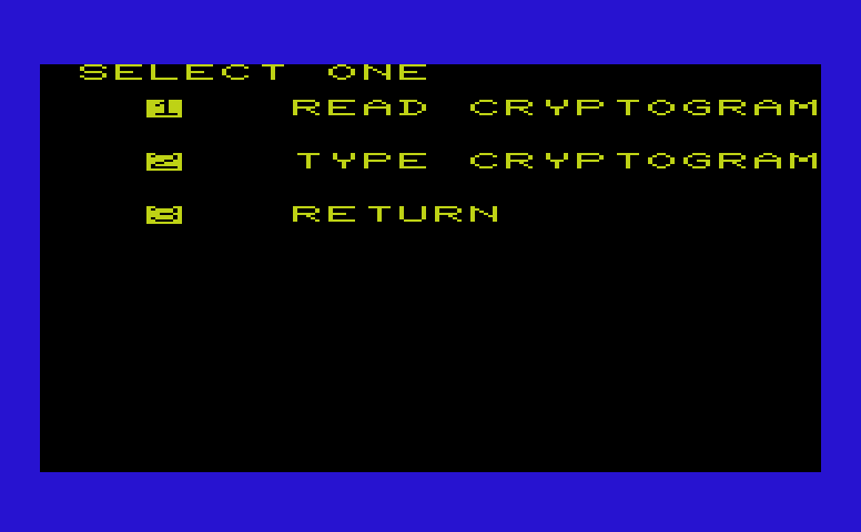 Triple Play Commodore VIC-20 Screenshot: Crypto Solve: The main menu.