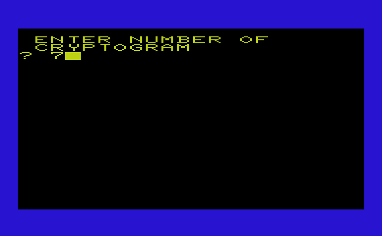 Triple Play Commodore VIC-20 Screenshot: Crypto Solve: Select which puzzle to load.