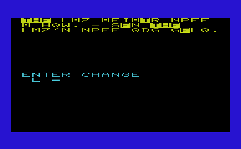 Triple Play Commodore VIC-20 Screenshot: Crypto Solve: Enter a letter to replace; already replaced letters are highlighted yellow.