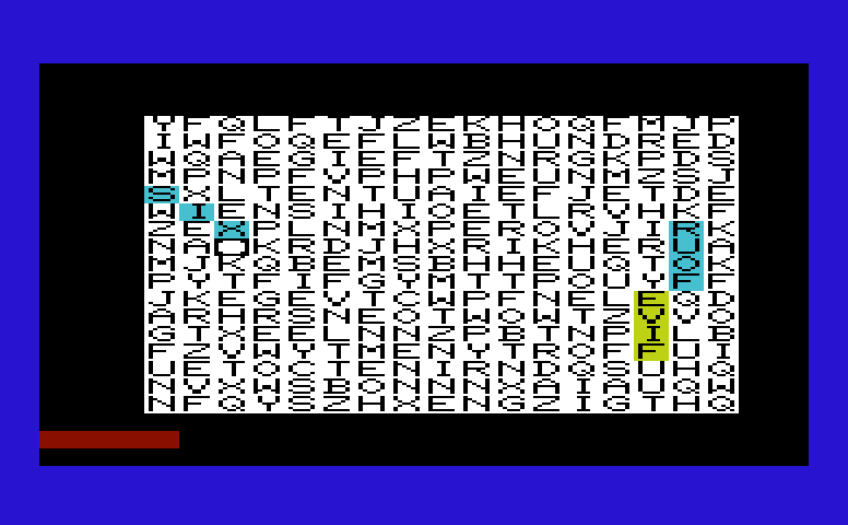Triple Play Commodore VIC-20 Screenshot: Hidden Words: Finding words; a red bar indicates success and found words are highlighted in color.