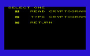 Triple Play for Commodore VIC-20 - Crypto Solve: The main menu.