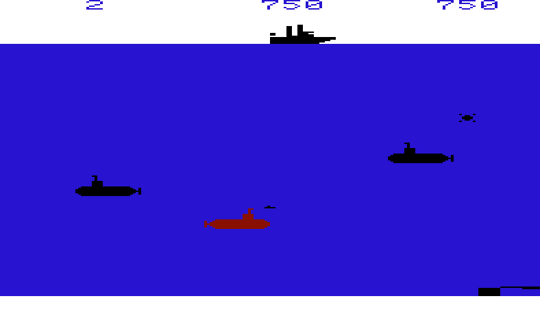 Sub Chase Commodore VIC-20 Screenshot: One sub hit! It flashses different colors, and then disappears...