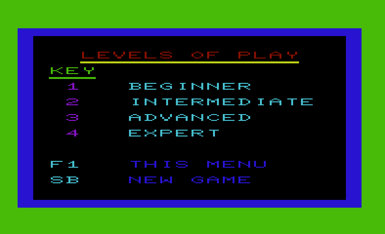 Electra Sport Soccer Commodore VIC-20 Screenshot: Select level of difficulty.