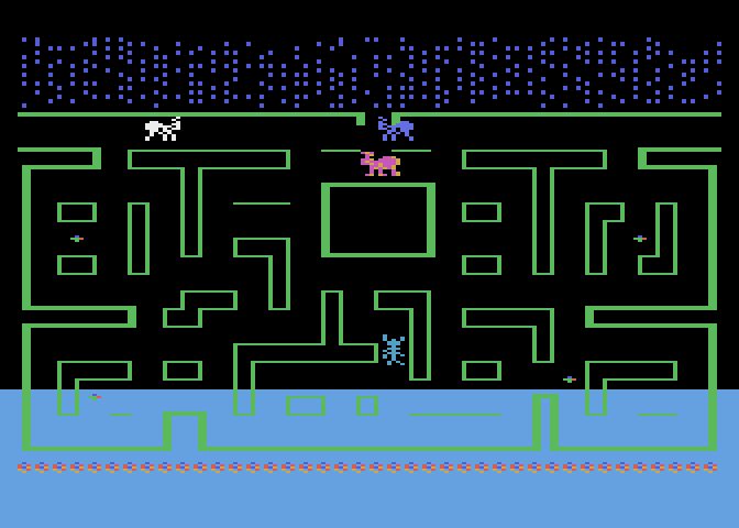 K-Razy Antiks Atari 8-bit Screenshot: It's raining! Don't get caught in the flood at the bottom of the screen.