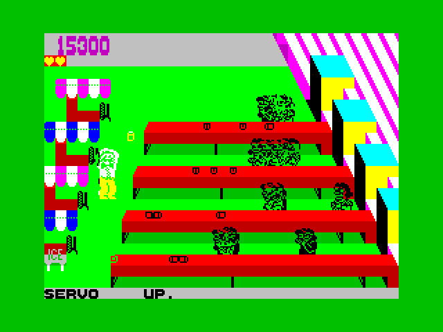 Tapper ZX Spectrum Screenshot: Oops, I let a glass fall off of the bar!