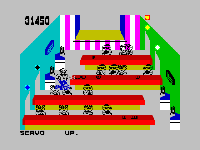 Tapper ZX Spectrum Screenshot: The punk bar; now things can really start to get hectic!