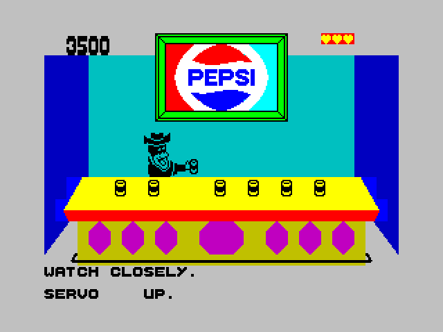 Tapper ZX Spectrum Screenshot: Bonus round; watch closely and find the can that hasn't been shaken!