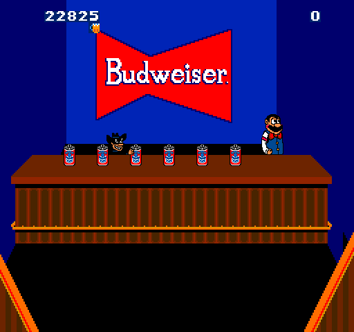 Tapper Arcade Screenshot: This shady character shakes all but one of the beer cans...