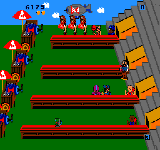 Tapper Arcade Screenshot: Pick up tips and cheerleaders will temporarily distract some customers.