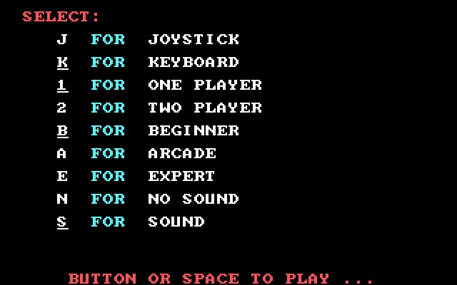 Tapper IBM PC/Compatibles Screenshot: The main menu.