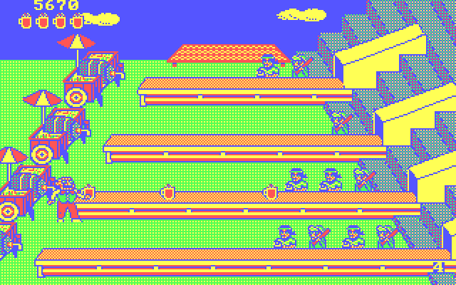 Tapper IBM PC/Compatibles Screenshot: Customers increase in number as levels progress.