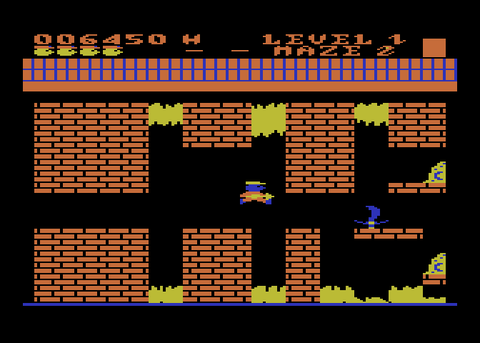 Trolls and Tribulations Atari 8-bit Screenshot: Jumping over one of the gaps...