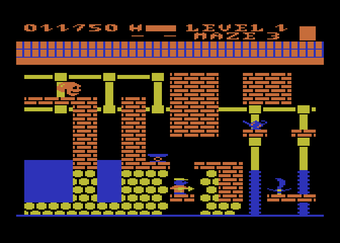 Trolls and Tribulations Atari 8-bit Screenshot: This maze has a lot of small platforms to jump on.