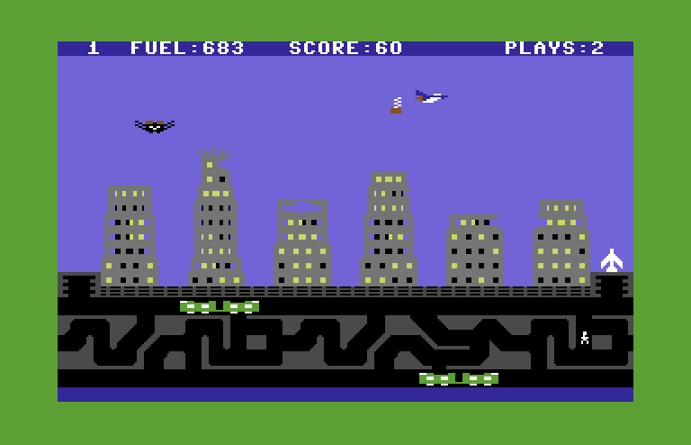 Save New York Commodore 64 Screenshot: You can chase aliens in the tunnels, but watch out for bombs falling above ground!