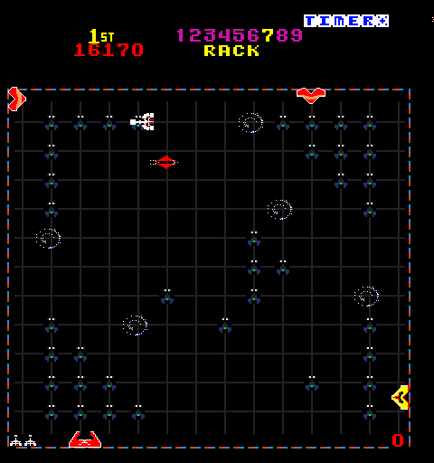 Solar Fox Arcade Screenshot: Those obstacles temporarily prevent your ship from moving if you hit them.