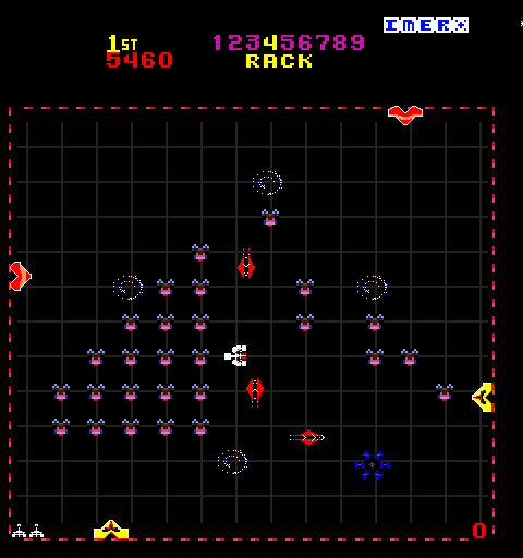 Solar Fox Arcade Screenshot: Some levels have additional obstacles to avoid...