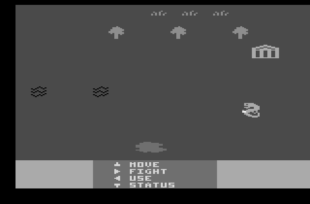 DragonStomper Atari 2600 Screenshot: Oh no, a snake! Fight? Move? Pick an action...