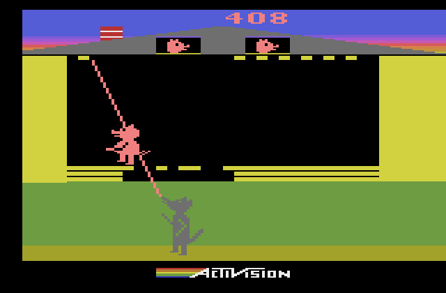 Oink! Atari 2600 Screenshot: Don't get caught by the big bad wolf!