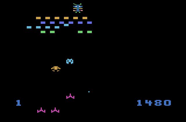 Communist Mutants from Space Atari 2600 Screenshot: Shoot the mutant at the very top to stop it from spawning more opponents.