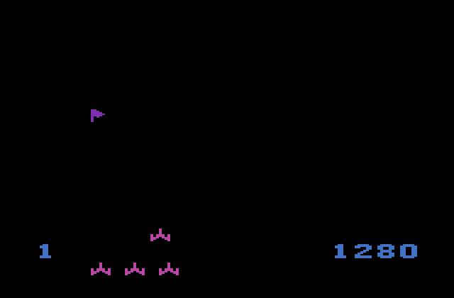 Communist Mutants from Space Atari 2600 Screenshot: Level one completed, so one flag is displayed...