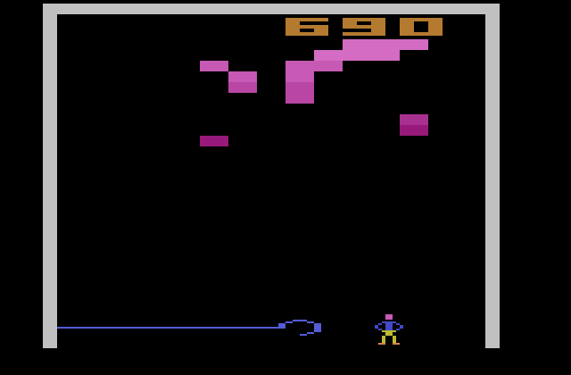 Fireball Atari 2600 Screenshot: I missed a ball, so a giant hook drags me off the screen...