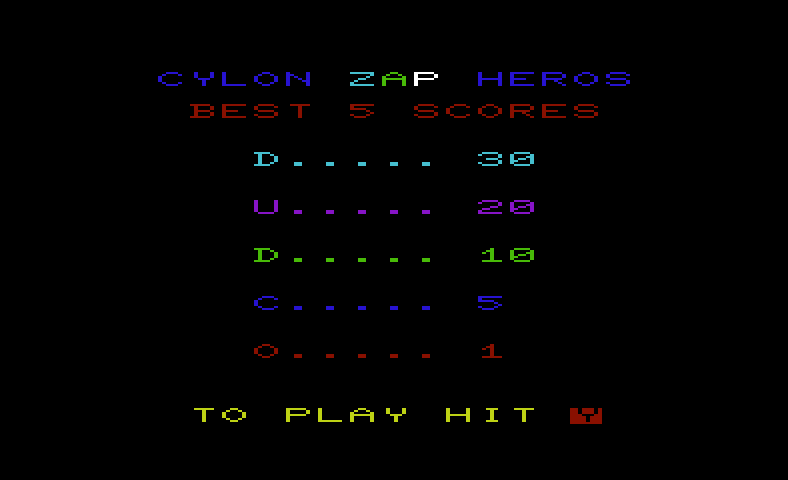 Cylon Zap Commodore VIC-20 Screenshot: The default high scores; press "Y" to start the game.