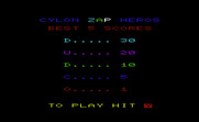 Cylon Zap for Commodore VIC-20 - The default high scores; press "Y" to start the game.