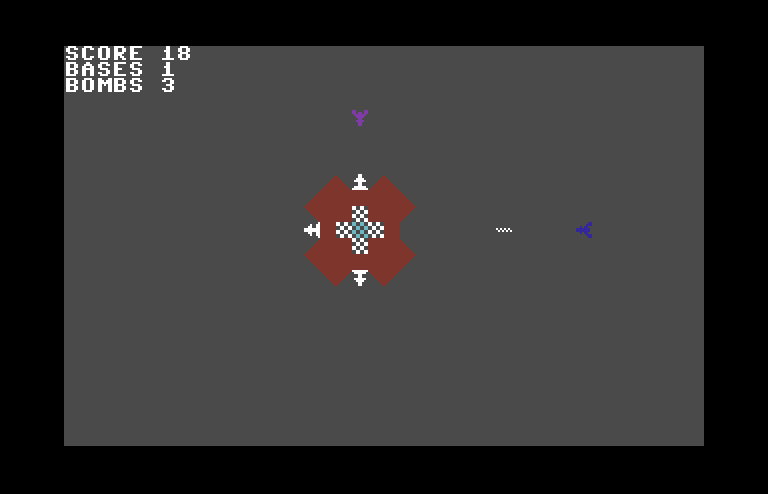 Cylon Zap Commodore 64 Screenshot: Firing at a blue Cylon to the right...