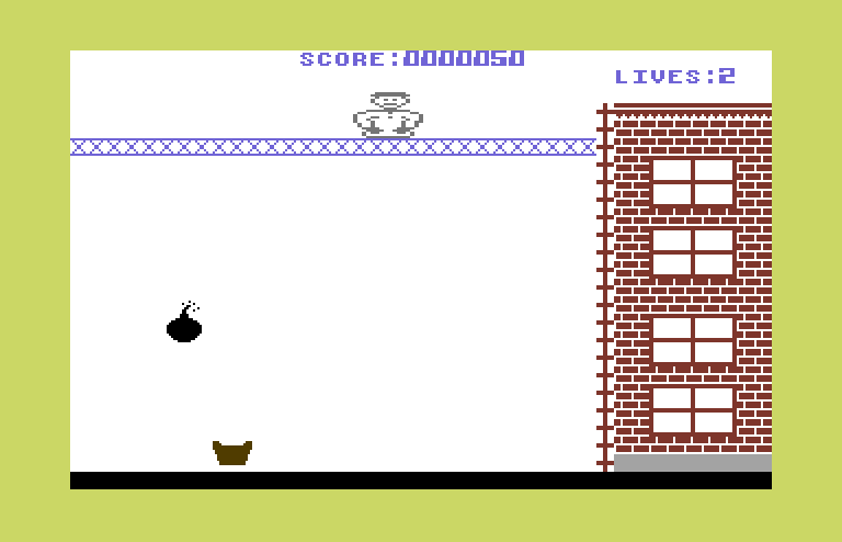 Kablam! Commodore 64 Screenshot: There's always one bomb at a time, but can move slow or fast depending on the skill level.