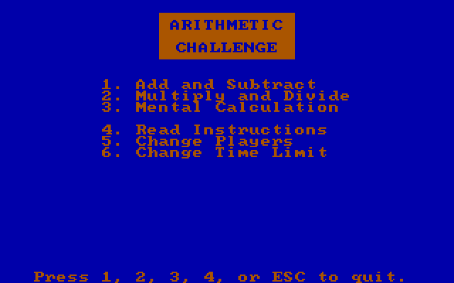 Discover Numbers IBM PC/Compatibles Screenshot: Choose one of the Arithmetic Challenge options.